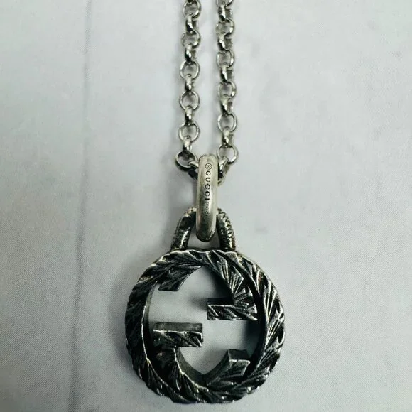 GUCCI Interlocking G Pendant Chain Necklace in Aged Silver—20”MSRP